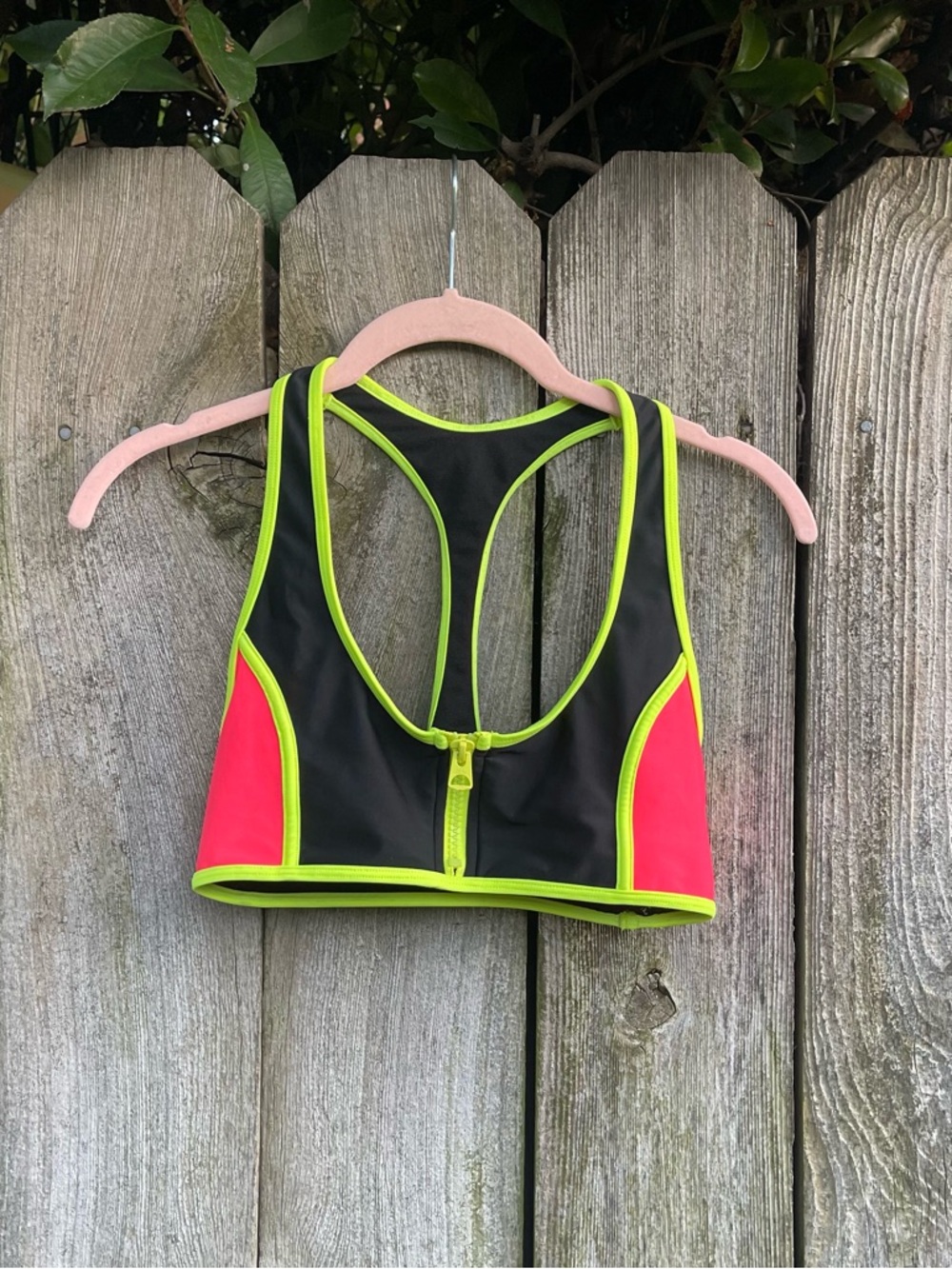 TYR Active Sport Swim Bikini Top Front Zip Racerback Neon Pink Yellow Black | S